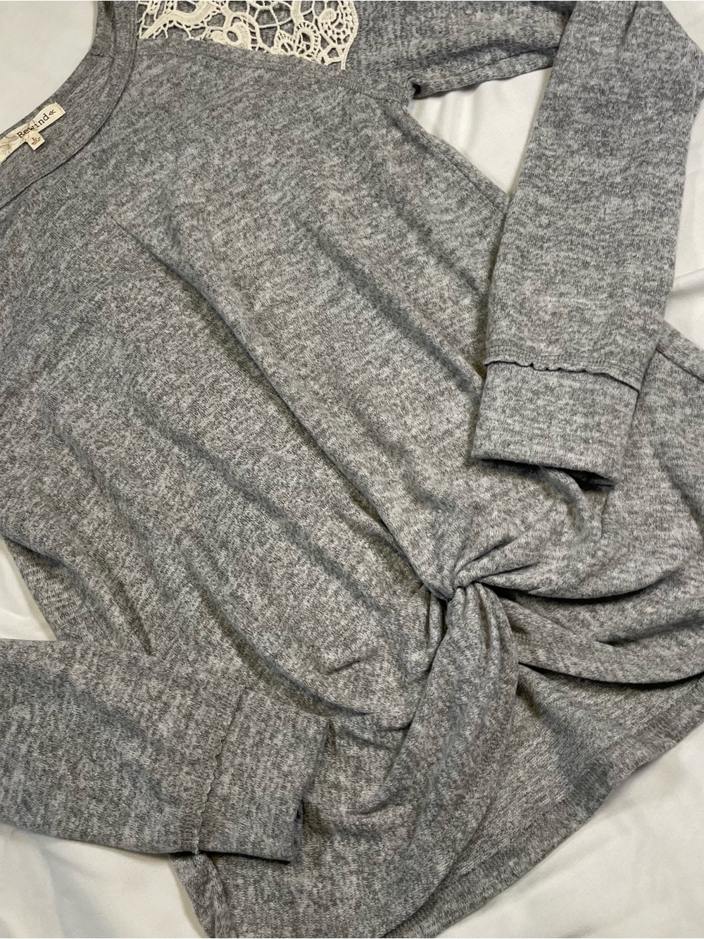 Rewind Gray Lace Shoulder Twist Front Top | Size Large | Boho Cottagecore - Picture 4 of 8